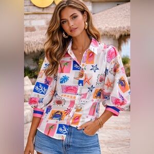 Tropical Print Button-Down Shirt - White/Pink/Blue